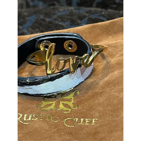 Rustic Cuff Set of Two Bracelets Gold Cuff Love and Cowhide Zebra Print - Picture 2 of 4